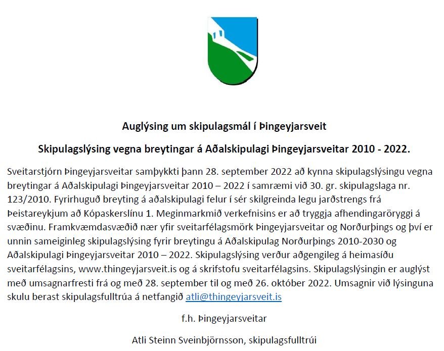 Auglýsing um skipulagsmál í Þingeyjarsveit